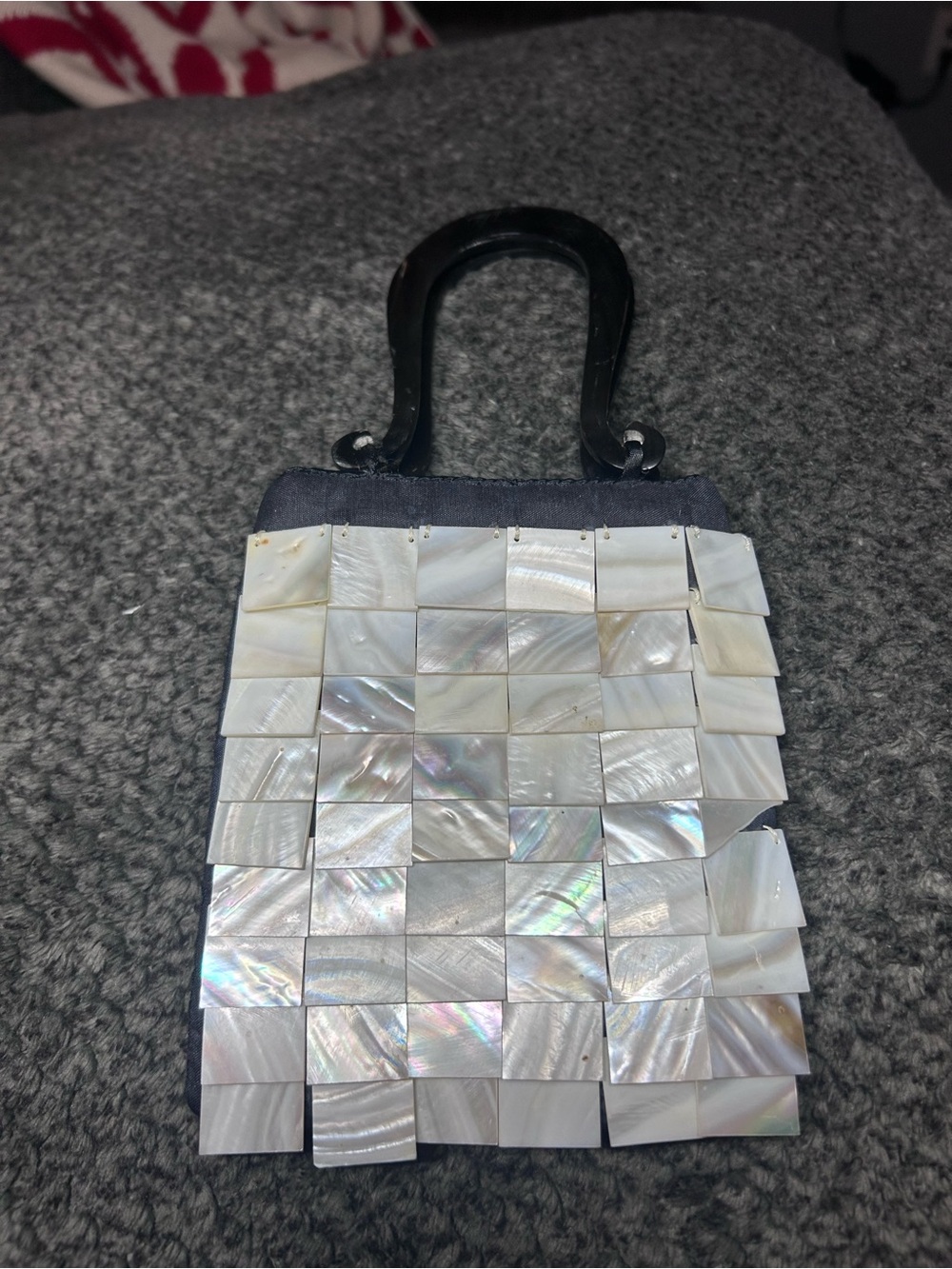 Iridescent Shell Tile Mini Handbag - White with Black handles - Picture 3 of 3
